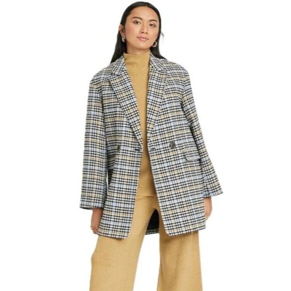 A New Day Black Blue Gold Houndstooth Wool Blend Blazer Jacket Overcoat -- Sz XS - Picture 1 of 10